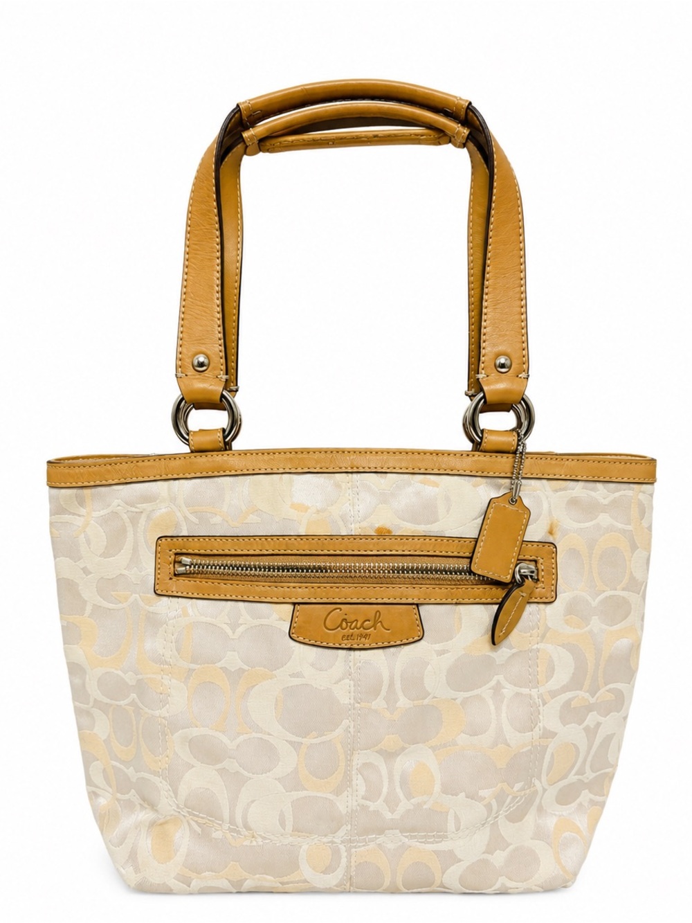 Coach Signature Tote Bag Beige Tan Jacquard Leather Trim Large 14x9